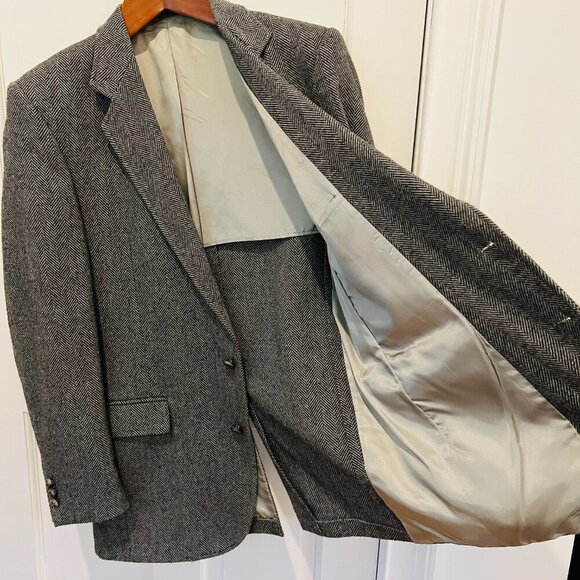 Vintage Hagger Gray Harringbone Sport Coat Leather Button Patch Pocket 42 L - Picture 8 of 16
